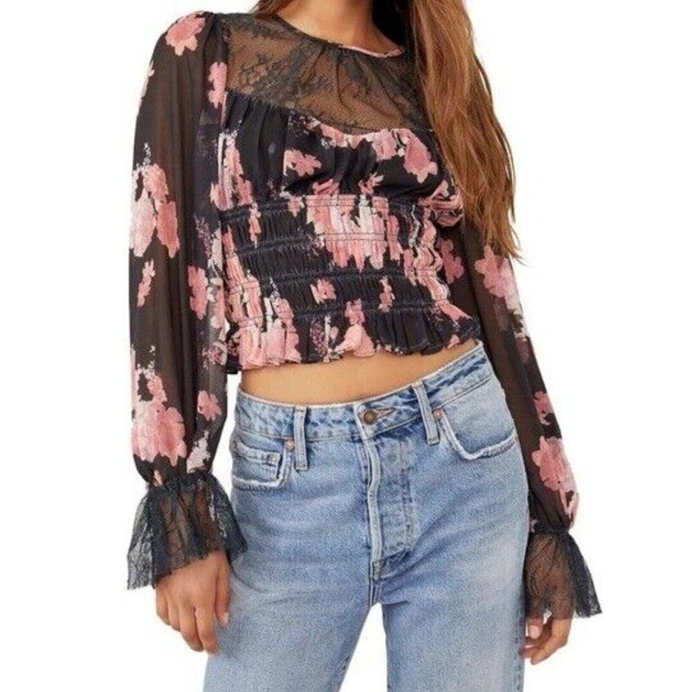 Free People Daphne Floral Ruched/Lace Blouse Size Large Midnight Combo